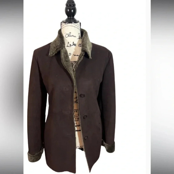 ALFANI BROWN FAUX SUEDE JACKET COAT FAUX FUR TRIM - Picture 1 of 11